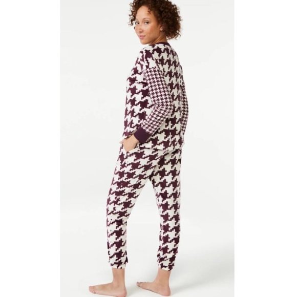 NEW Purple Houndstooth Print Sz Medium Soft Velour 3 Pc Pajama Lounge Set - Picture 2 of 3